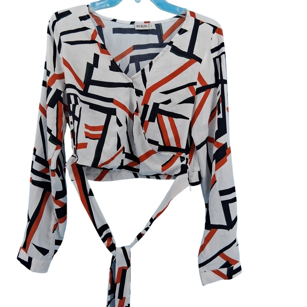 Miss Mia Mia Crop Top Womens L White Orange Black Geometric Abstract Wrap Blouse